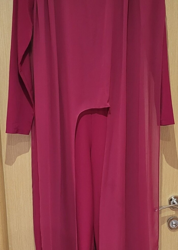 Abiye Tulum Elbise Bordo Renk 38 Beden Pelerinli Tül Detaylı - Görsel 2