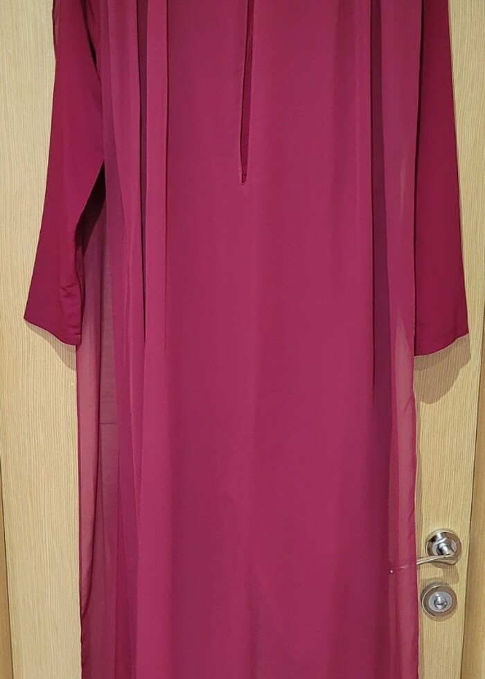 Abiye Tulum Elbise Bordo Renk 38 Beden Pelerinli Tül Detaylı - Görsel 3