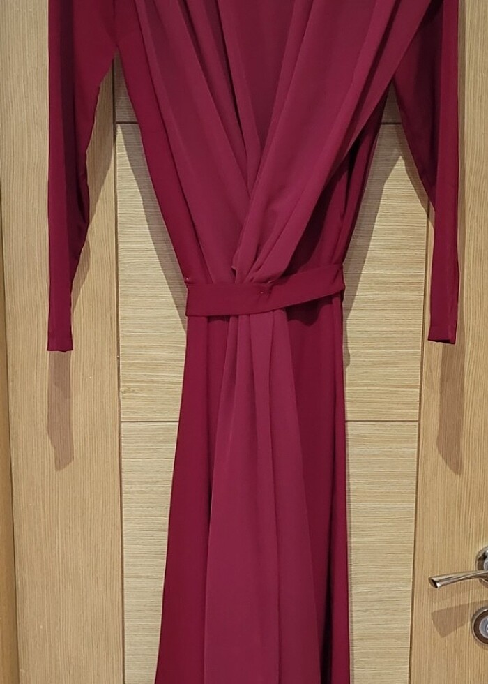 Abiye Tulum Elbise Bordo Renk 38 Beden Pelerinli Tül Detaylı - Görsel 4