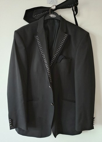 Uzun Siyah Erkek Takım Elbise, Kemerli, Notch Yaka - Görsel 2