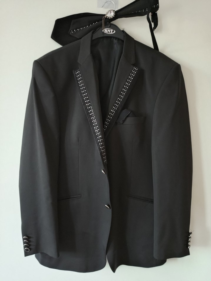 Uzun Siyah Erkek Takım Elbise, Kemerli, Notch Yaka - Görsel 2