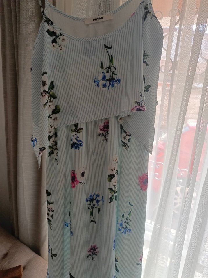 Mavi Çiçek Desenli Uzun Hamile Elbisesi - Görsel 4