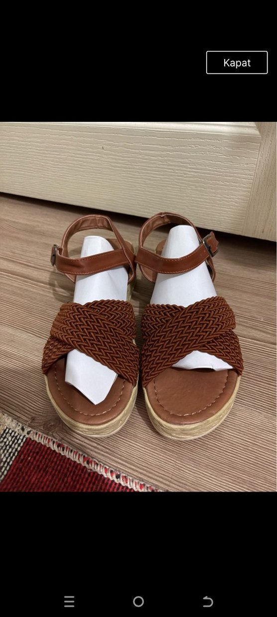 Kahverengi Hasır Dokulu Dolgu Topuklu Kadın Sandalet - Görsel 2
