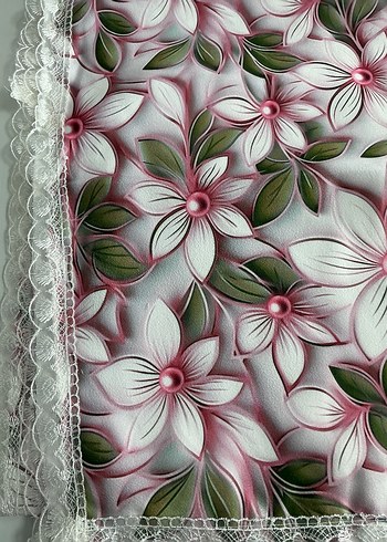 Dantel Detaylı Gri Beyaz Çiçekli masa örtüsü - Görsel 3