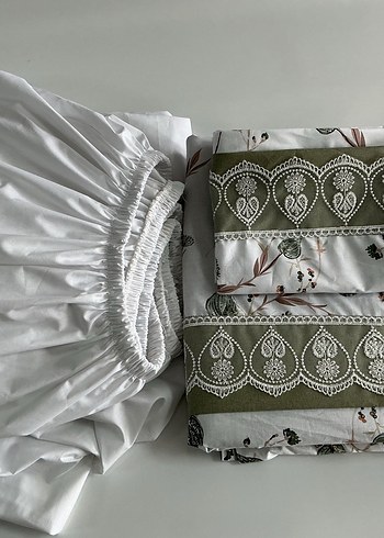 İşlemeli Beyaz ve haki Nevresim Takımı - Görsel 4