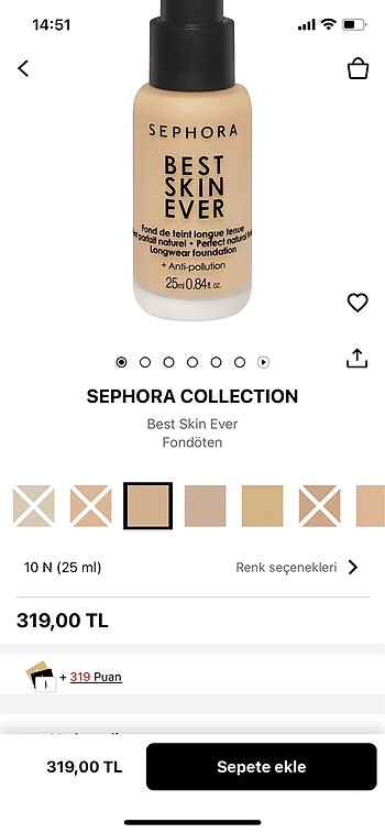  Beden Renk Sephora best skin ever fondöten no:10