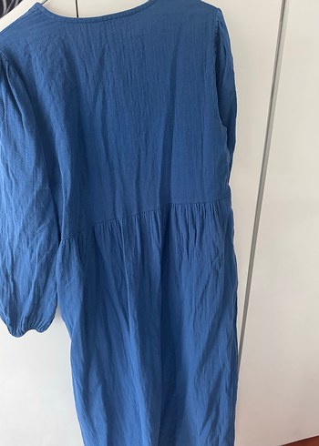 Düğmeli Mavi Keten elbise - Görsel 4