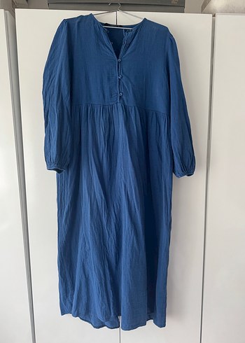 Düğmeli Mavi Keten elbise - Görsel 3