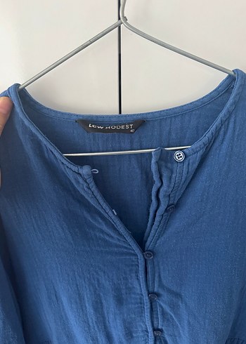 Düğmeli Mavi Keten elbise - Görsel 5