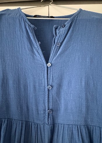 Düğmeli Mavi Keten elbise - Görsel 6