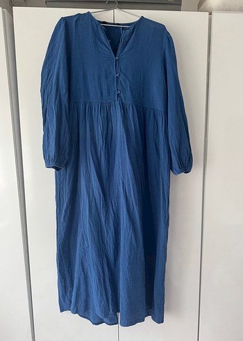 Düğmeli Mavi Keten elbise - Görsel 2