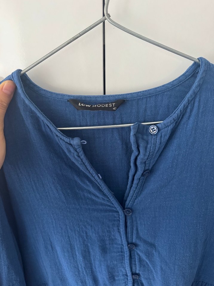 Düğmeli Mavi Keten elbise - Görsel 5