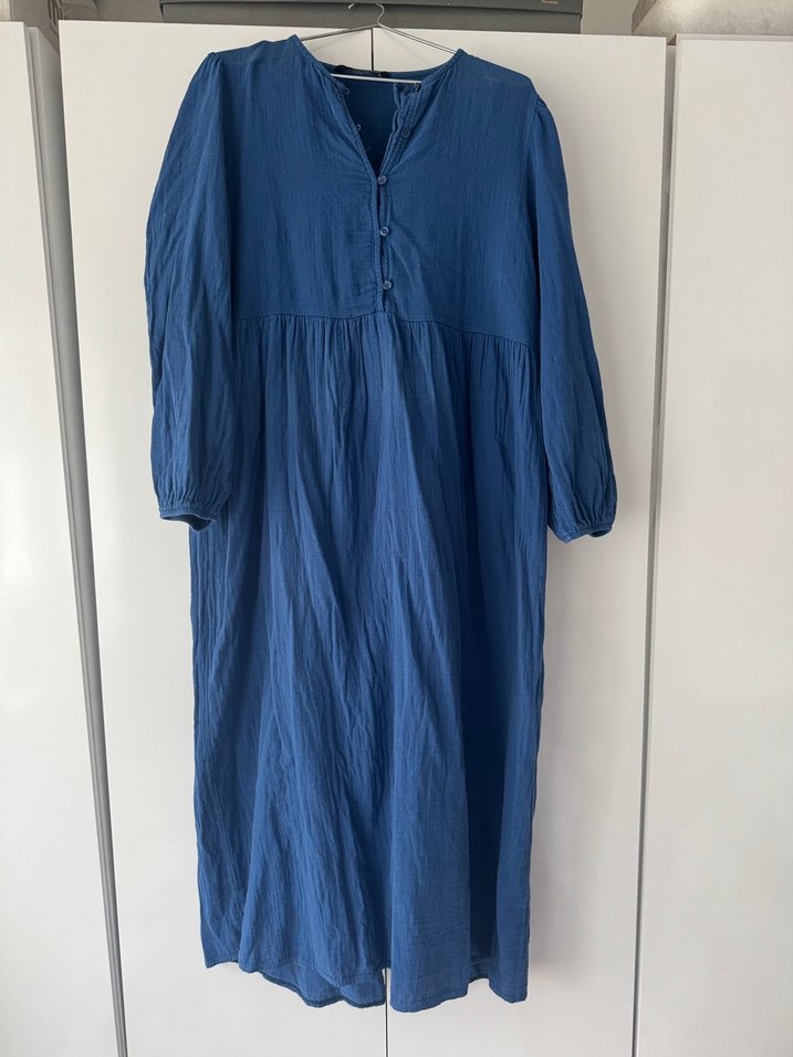 Düğmeli Mavi Keten elbise - Görsel 2