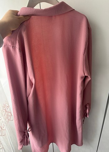 Düğmeli Pudra Pembe Kadın Uzun Keten Kaban - Görsel 4