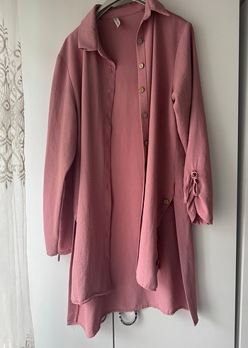 Düğmeli Pudra Pembe Kadın Uzun Keten Kaban - Görsel 2