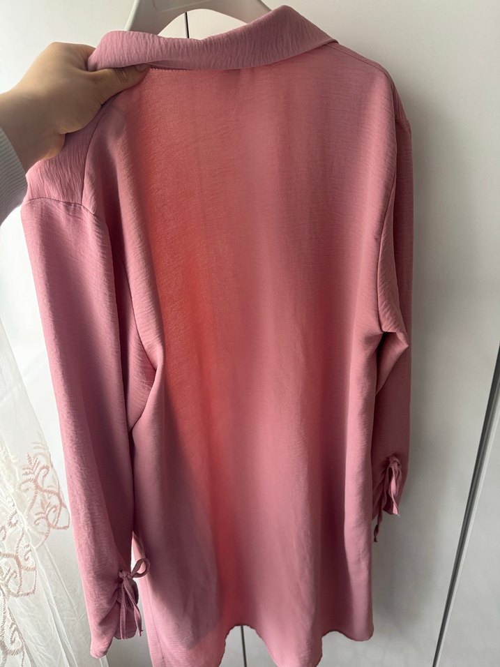 Düğmeli Pudra Pembe Kadın Uzun Keten Kaban - Görsel 4