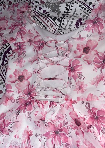 Pembe Çiçek Desenli Dantel Detaylı Uzun Elbise - Görsel 6