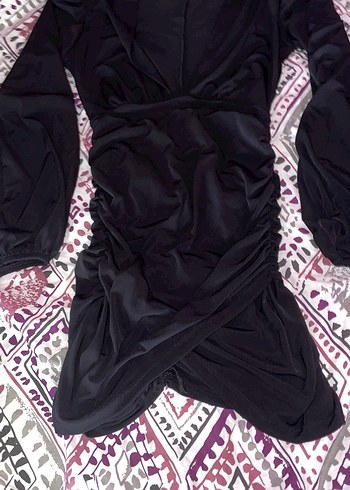 Siyah Drapeli V Yakalı Midi Elbise - Görsel 2