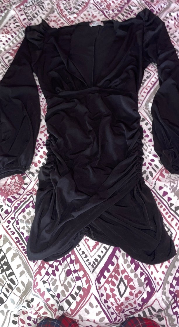 Siyah Drapeli V Yakalı Midi Elbise - Görsel 2