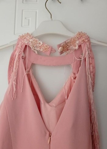 Pembe Dantel İşlemeli Bohem Uzun Abiye Elbise - Görsel 4