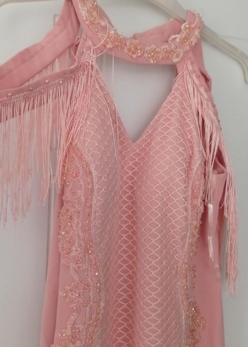 Pembe Dantel İşlemeli Bohem Uzun Abiye Elbise - Görsel 3