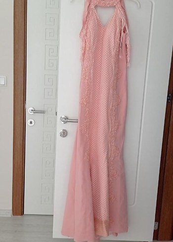 Pembe Dantel İşlemeli Bohem Uzun Abiye Elbise - Görsel 2