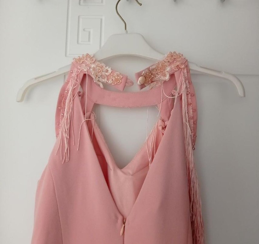 Pembe Dantel İşlemeli Bohem Uzun Abiye Elbise - Görsel 4