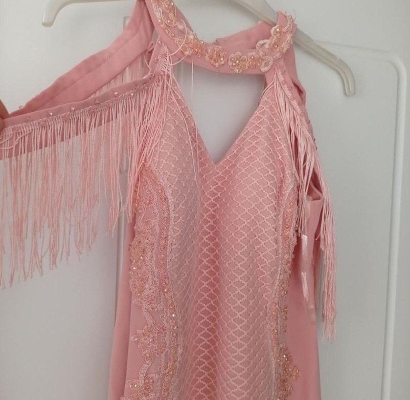 Pembe Dantel İşlemeli Bohem Uzun Abiye Elbise - Görsel 3