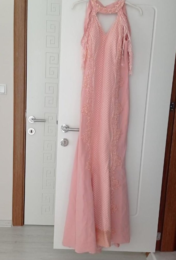 Pembe Dantel İşlemeli Bohem Uzun Abiye Elbise - Görsel 2