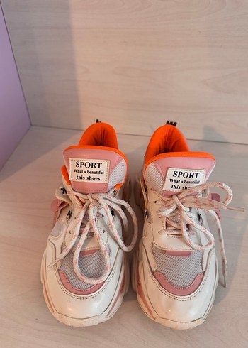 Pembe Beyaz Bağcıklı Dolgu Topuk Spor Ayakkabı - Görsel 2