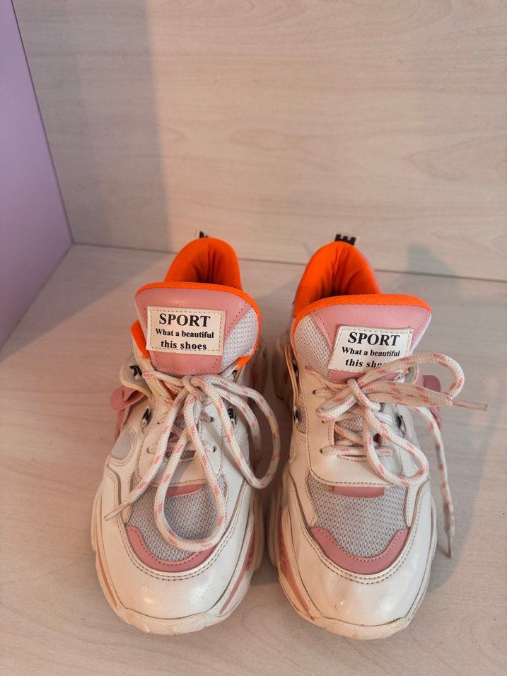 Pembe Beyaz Bağcıklı Dolgu Topuk Spor Ayakkabı - Görsel 2