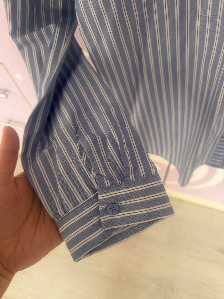 Mavi Çizgili Pamuk Kadın Gömlek - Görsel 3