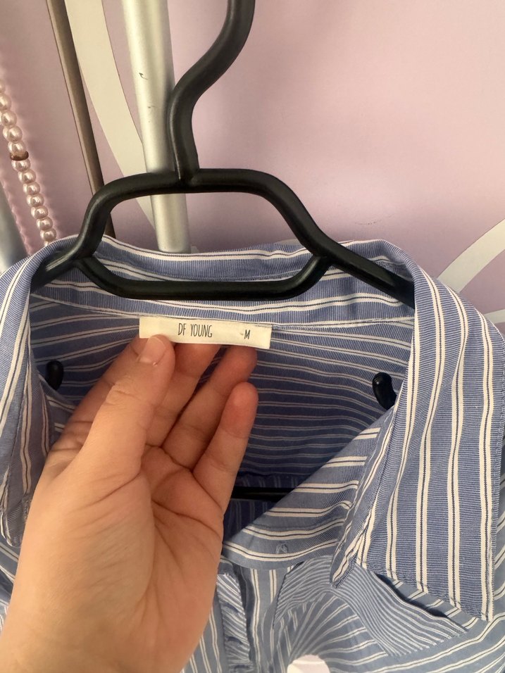 Mavi Çizgili Pamuk Kadın Gömlek - Görsel 4