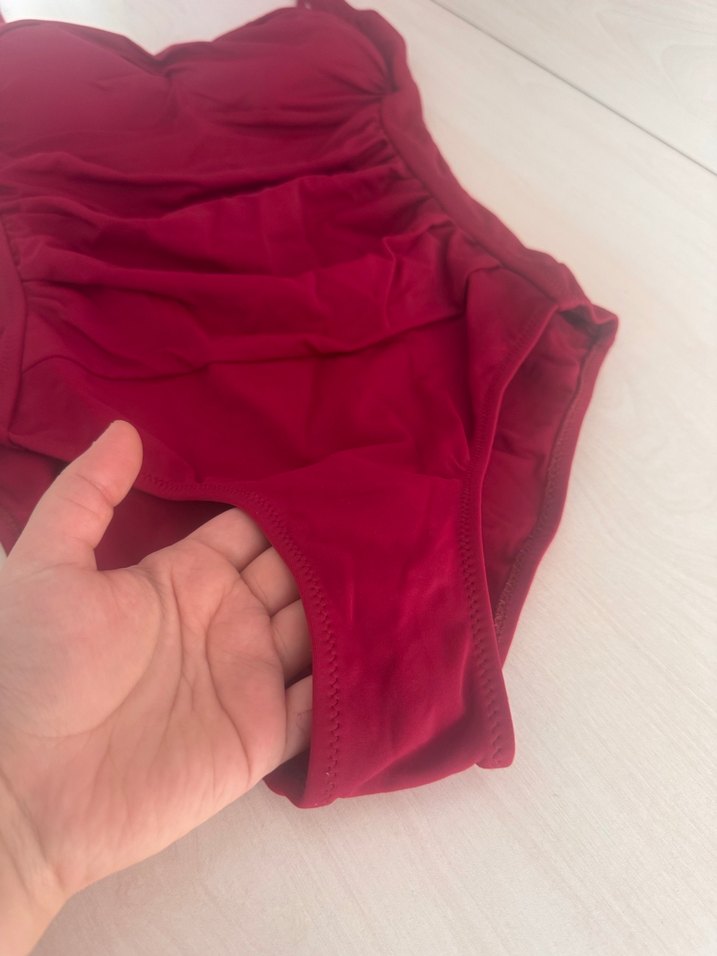 Bordo  Drapeli İnce Askılı Mayo - Görsel 5