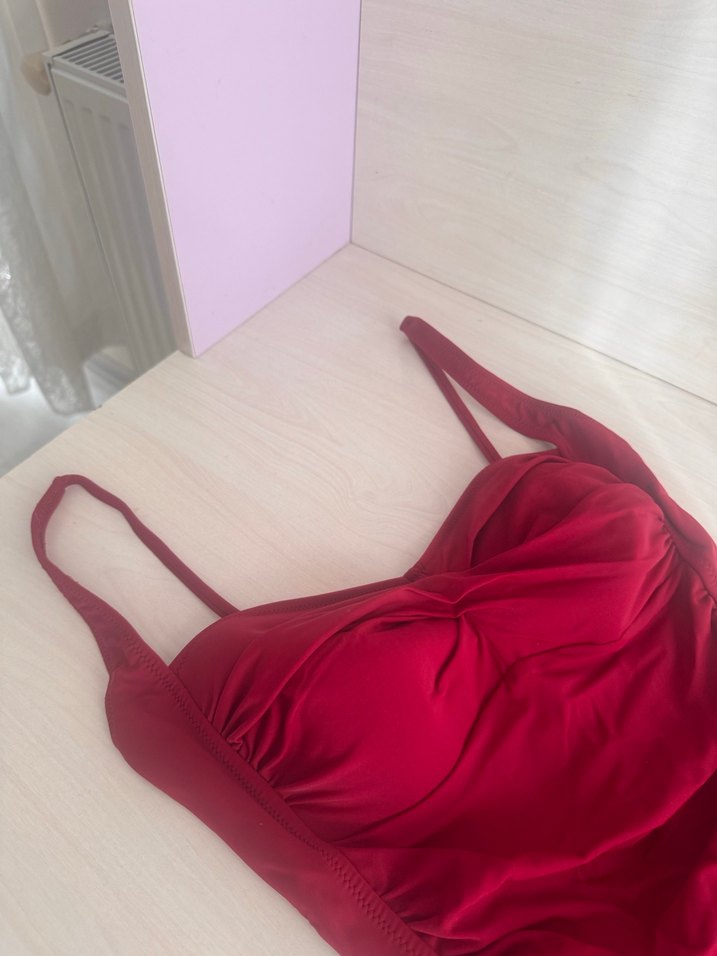 Bordo  Drapeli İnce Askılı Mayo - Görsel 2