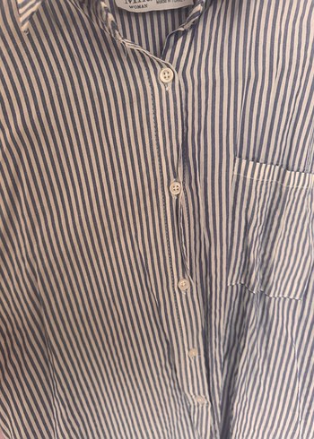 Çizgili Mavi Uzun Kollu Kadın Gömlek - Görsel 2