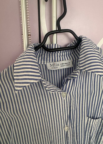 Çizgili Mavi Uzun Kollu Kadın Gömlek - Görsel 3