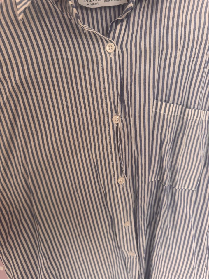 Çizgili Mavi Uzun Kollu Kadın Gömlek - Görsel 2