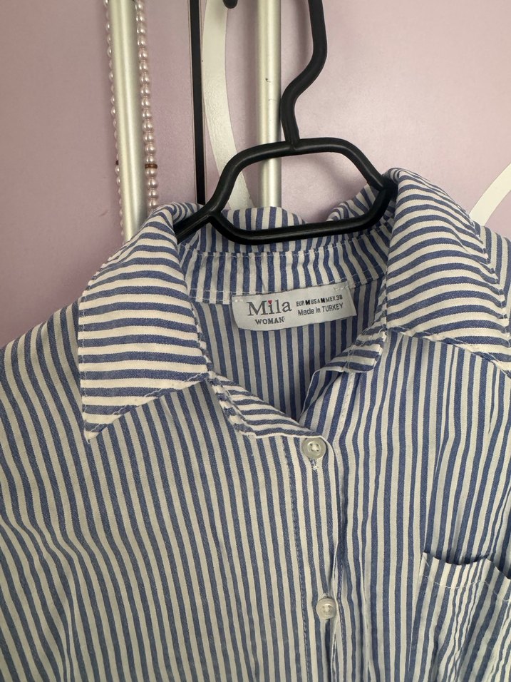 Çizgili Mavi Uzun Kollu Kadın Gömlek - Görsel 3