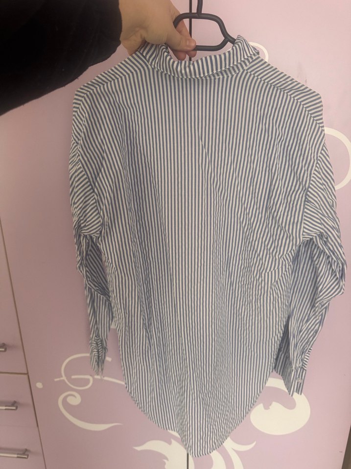Çizgili Mavi Uzun Kollu Kadın Gömlek - Görsel 5