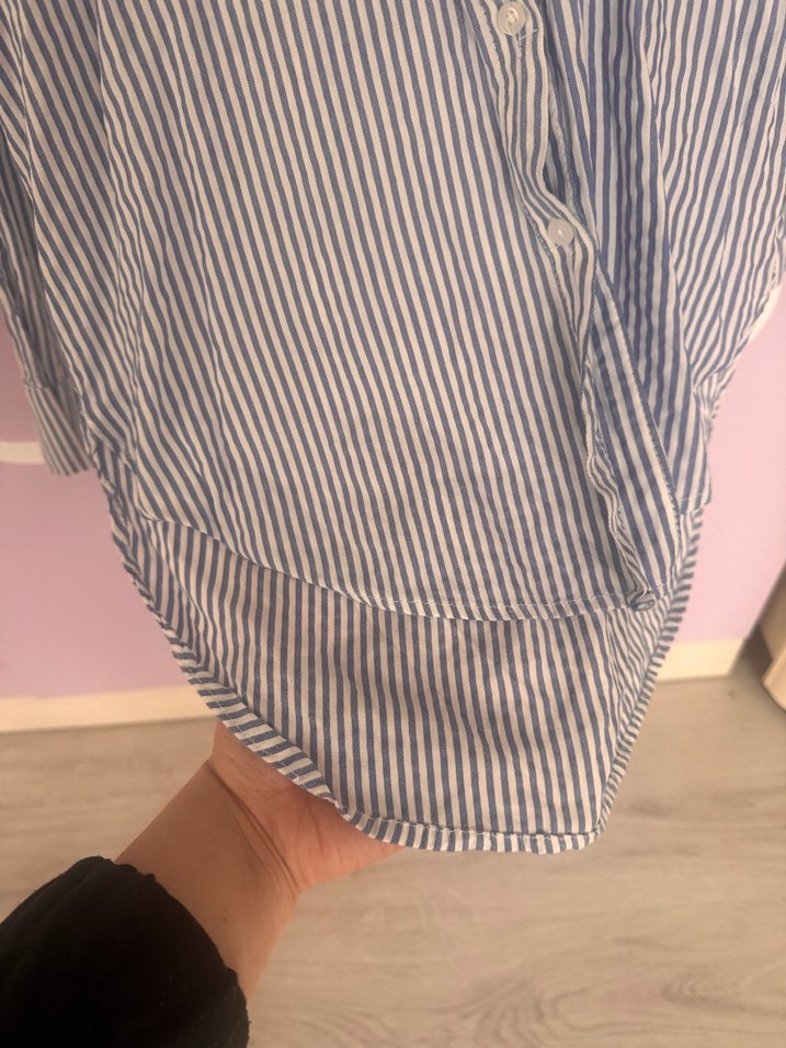 Çizgili Mavi Uzun Kollu Kadın Gömlek - Görsel 4