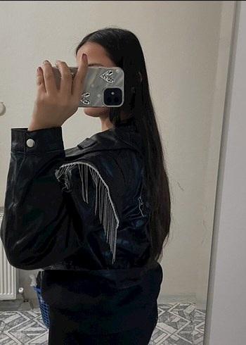 Kadın Siyah Parlak Deri Yılan Desenli Ceket - Görsel 3