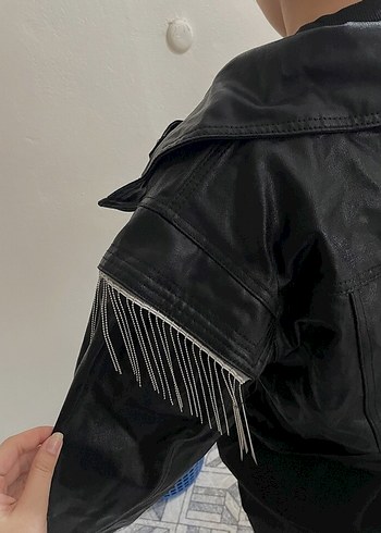 Kadın Siyah Parlak Deri Yılan Desenli Ceket - Görsel 6