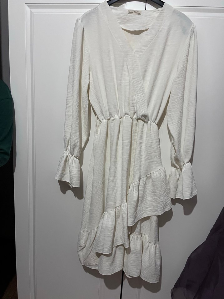 Kadın Beyaz Keten Uzun Kollu Fırfırlı Elbise - Görsel 2