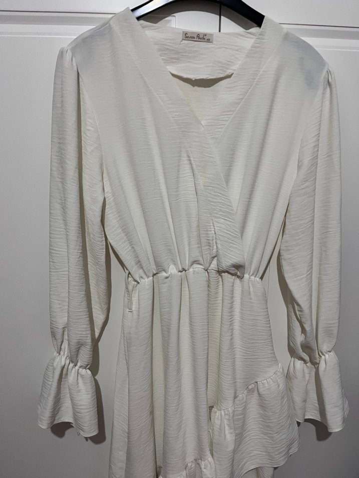 Kadın Beyaz Keten Uzun Kollu Fırfırlı Elbise - Görsel 3