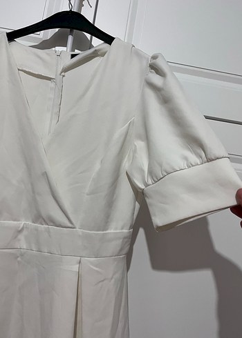 Kısa Kollu Beyaz Midi Keten Elbise - Görsel 4