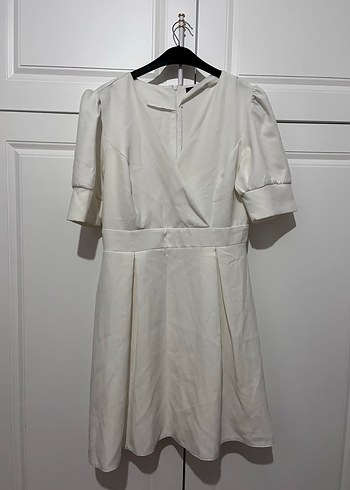 Kısa Kollu Beyaz Midi Keten Elbise - Görsel 2