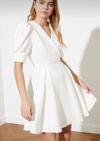 Kısa Kollu Beyaz Midi Keten Elbise - Görsel 8