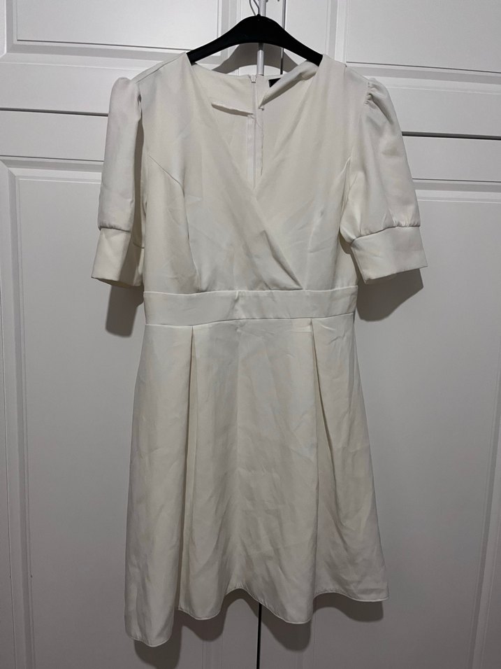 Kısa Kollu Beyaz Midi Keten Elbise - Görsel 3