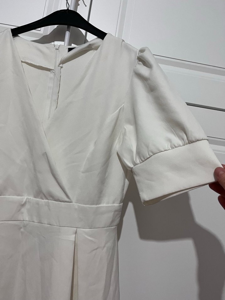 Kısa Kollu Beyaz Midi Keten Elbise - Görsel 4
